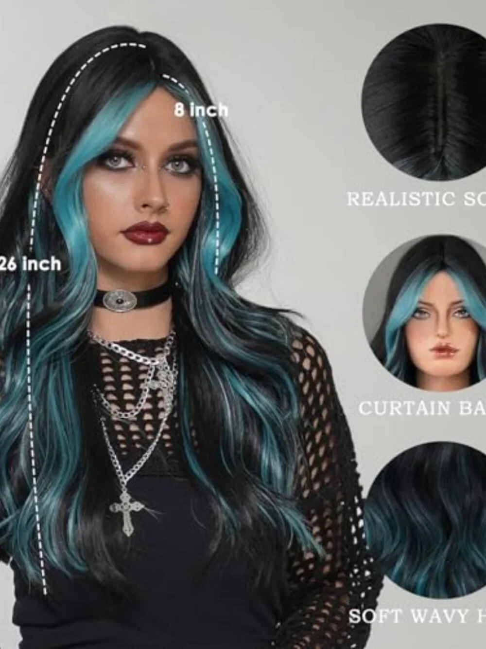 Black Wigs Teal Highlight Long Wavy Wig with Curtain bang 26 Inch Ombre Blue